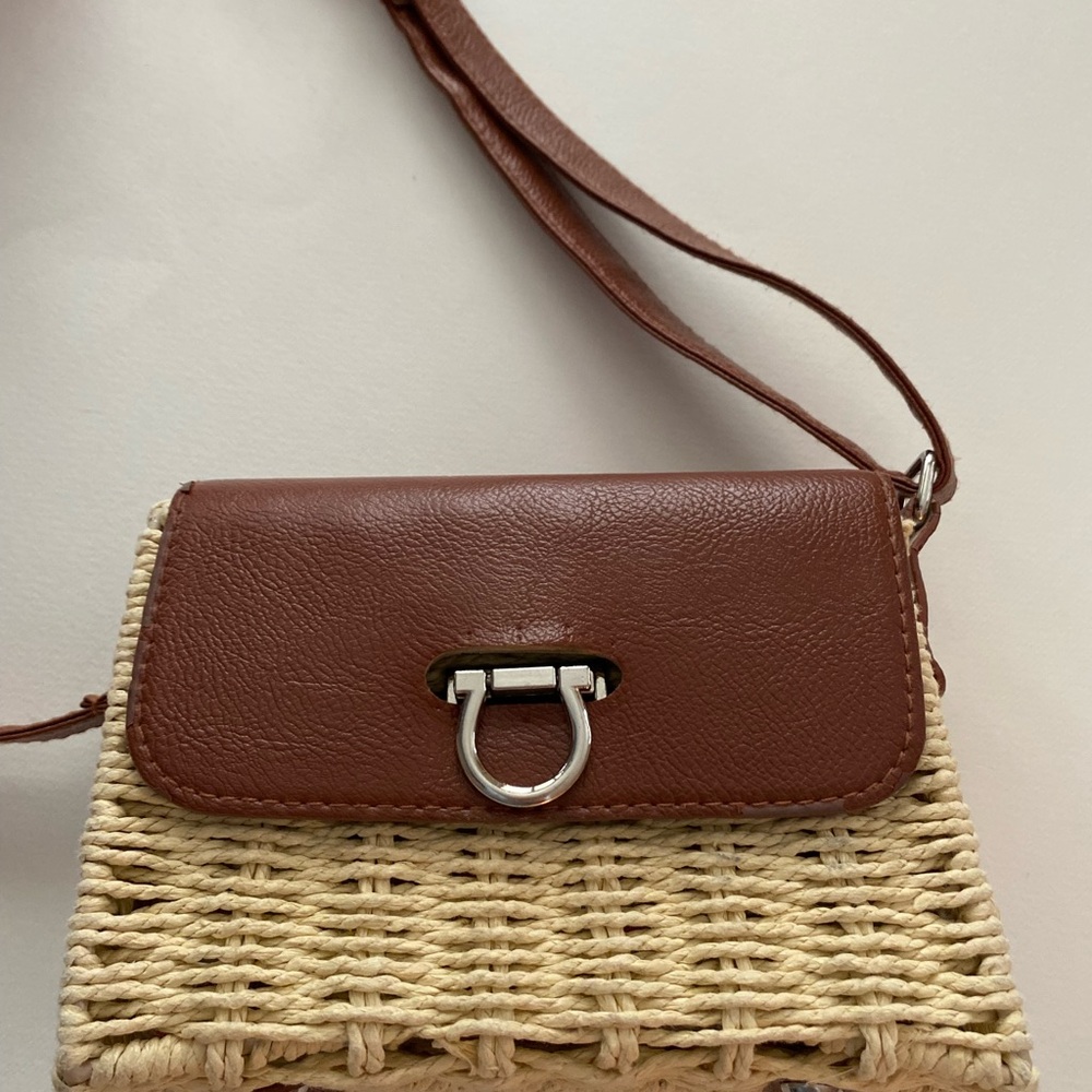 Brown Leather and Woven Crossbody Bag